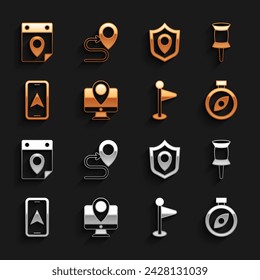 Set Monitor with location marker, Push pin, Compass, Location, City map navigation, shield, Travel planning calendar and Route icon. Vector