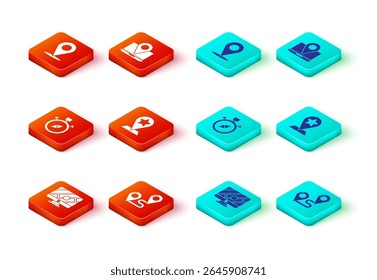 Set Monitor with location marker, Route, Compass, Map pointer star, Laptop and Location icon. Vector