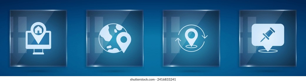 Set Monitor with map location, Location the globe, Map pin and Push. Square glass panels. Vector