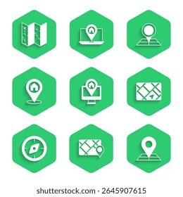 Set Monitor with map location, Gps device, Folded marker, Compass, Location house,  and  icon. Vector