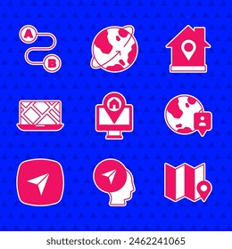 Set Monitor with map location, Map marker human, Folded, Location the globe, City navigation, house and Route icon. Vector