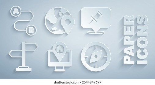 Set Monitor with map location, Push pin, Road traffic sign, Compass, Location the globe and Route icon. Vector