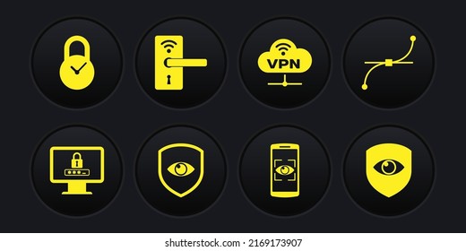 Set Monitor with password, Bezier curve, Shield and eye, Mobile scan, VPN Network cloud connection and Digital door lock wireless icon. Vector