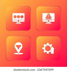 Set Monitor with password, exclamation mark, Location sales funnel and Arrow growth gear icon. Vector