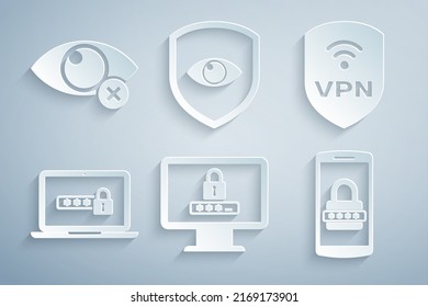 Set Monitor with password, Shield VPN wireless, Laptop, Mobile and, eye and Invisible hide icon. Vector
