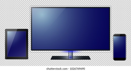 Set of monitor pc and tv, laptop. tablet, smartphone, isolated on a transparancy background. To present your application