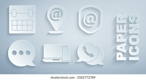 Set Monitor and phone, Shield with mail e-mail, Speech bubble chat, Telephone speech, Location and Calendar icon. Vector