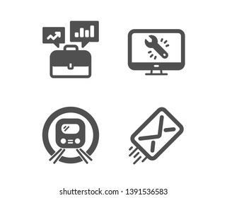 Set of Monitor repair, Business portfolio and Metro subway icons. E-mail sign. Computer service, Job interview, Underground. Mail delivery.  Classic design monitor repair icon. Flat design. Vector