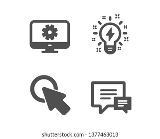 Set Of Monitor Settings, Inspiration And Click Here Icons. Comment Sign. Service Cogwheel, Creativity, Push Button. Talk Bubbles.  Classic Design Monitor Settings Icon. Flat Design. Vector