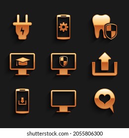Set Monitor and shield, Computer monitor screen, Heart in speech bubble, Upload, Smartphone with download and graduation cap icon. Vector