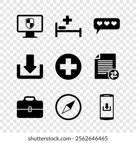 Set Monitor and shield, Hospital bed, Like heart, Toolbox, Wind rose and Smartphone with download icon. Vector