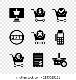 Set Monitor with shopping basket, Shopping cart and dollar, check mark, euro, Paper financial, Add, Price tag Free and Remove icon. Vector