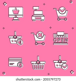 Set Monitor with shopping basket, Cash register machine, Shopping cart check mark, and euro, Remove, building open, Credit card dollar and  icon. Vector