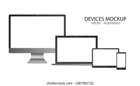 Set of monitor, tablet, laptop, smartphone. Vector illustration in realistic design.