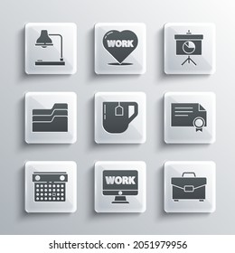 Set Monitor With Text Work, Briefcase, Certificate Template, Cup Of Tea Tea Bag, Calendar, Document Folder, Table Lamp And Chalkboard Diagram Icon. Vector