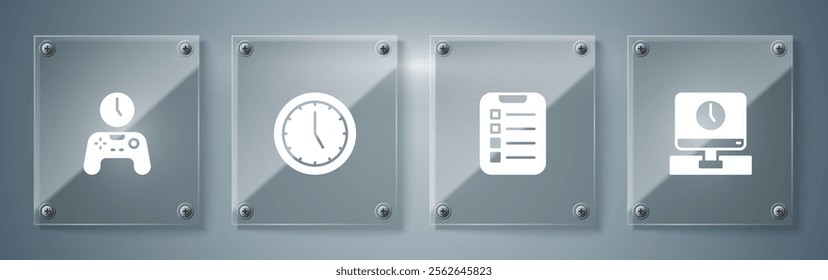 Set Monitor time, To do list planning, Clock and Gamepad of. Square glass panels. Vector