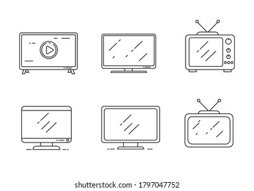 Conjunto de iconos de monitor y tv dibujados en el estilo de contorno. Concepto de monitor y tv aislado en fondo blanco