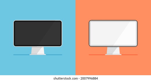 Set of monitor with white and black display. Empty or blank screen. Computer icon isolated. Equipment for office. Vector illustration. Front view.