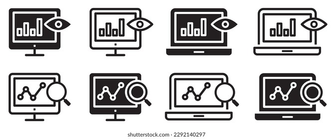 Set of monitoring icons. Research, business, marketing, strategy, search engine optimization. Analysis, growth, chart. Vector.