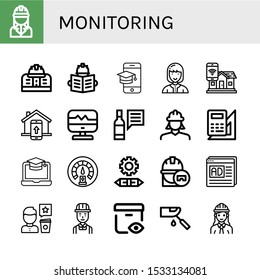 Set of monitoring icons. Such as Engineer, Engineering, Screen, Technician, Smart home, Heart rate, Review, Dashboard, Seo and web, View, Glucosemeter , monitoring icons