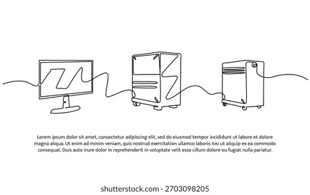 Set of monitors and cpu one line. Electronic tools. Abstract minimal continuous line isolated on white background.