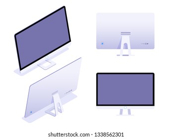 The set of monitors in an isometric, front and back view isolated on white background. Vector flat isometric illustration