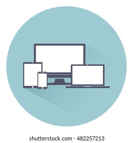Set of monitors, laptop PC, tablet computer and mobile phone. Electronic equipment gadgets, isolated on a light background, vector illustration