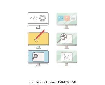 Set monitors with windows, magnifier, pencil, play button, schedule, settings, text vector illustration isolated on white background. Line and colorful image 