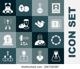 Set Monk, Crown of thorns, Online church pastor preaching, Christian cross, Goblet and bread, Hands praying position, Priest and Dove icon. Vector