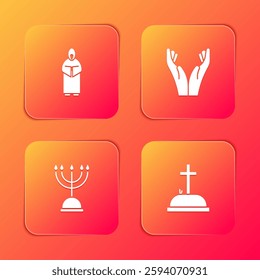 Set Monk, Hands in praying position, Hanukkah menorah and Tombstone with cross icon. Vector