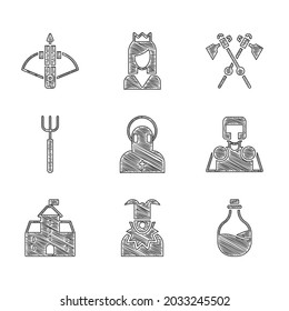 Set Monk, Joker head, Old bottle of wine, Medieval knight, Castle, fortress, Garden pitchfork, Crossed medieval axes and Battle crossbow with arrow icon. Vector