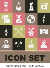 Set Monk, Medieval castle gate, Torch flame, Castle tower, Joker head, Decree, parchment, scroll, goblet and Round wooden shield icon. Vector