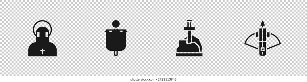 Set Monk, Medieval flag, Sword in the stone and Battle crossbow with arrow icon. Vector