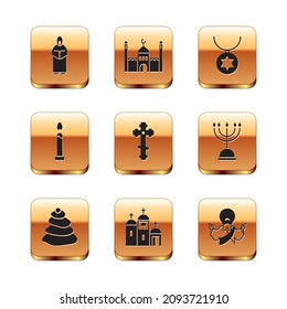 Set Monk, Stack hot stones, Church building, Christian cross, Burning candle, Star of David necklace chain, Jesus and Muslim Mosque icon. Vector