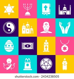 Set Monk, Star of David necklace chain, Hands praying position, Holy bible book, Church building, Yin Yang,  and Man with third eye icon. Vector