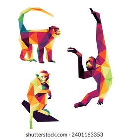 Set of Monkey Animal in Colorful Polygon. Monkey Ape Orang Utan in Colorful Abstract Low Poly. Collection of Monkey Logo