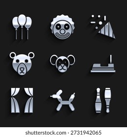 Set Monkey, Balloon dog, Boliches pin, Bumper carro, Cortinas de circo levanta, cabeça do urso, confete festivo e balões com ícone de fita. Vetor
