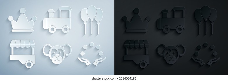 Set Monkey, Balloons with ribbon, Fast street food cart, Juggling ball, Toy train and Jester hat bells icon. Vector