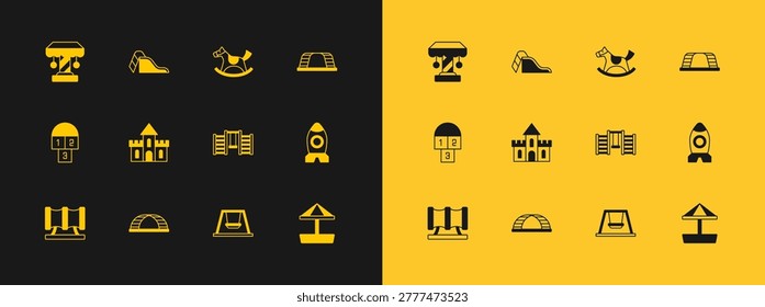 Set Monkey bar, Swedish wall, Swing for kids, Sand castle, Horse saddle swing, Attraction carousel and Slide playground icon. Vector