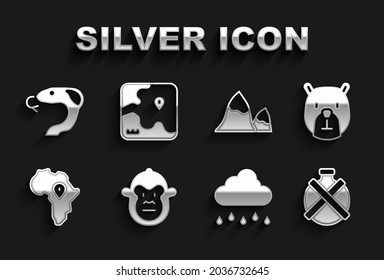 Set Monkey, Bear head, Canteen water bottle, Cloud with rain, Map of Africa, Mountains, Snake and safari map icon. Vector