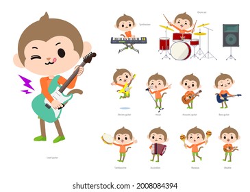 A set of monkey boy playing rock 'n' roll and pop music.It's vector art so it's easy to edit.