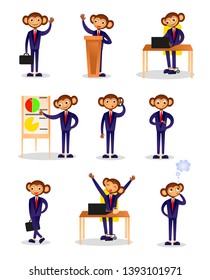 Set of monkey businessman in different daily office situation