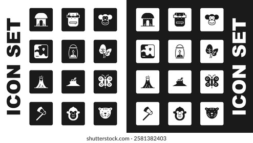 Set Monkey, Camping lantern, Africa safari map, African hut, Tropical leaves, Hiking backpack, Butterfly and Volcano eruption icon. Vector