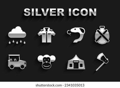 Set Monkey, Canteen water bottle, Wooden axe, Tourist tent, Safari car, Snake, Cloud with rain and Shirt icon. Vector