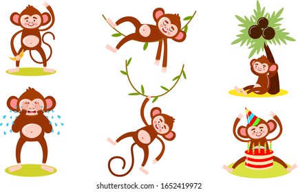 Set of monkey characters doing everyday things vector illustration