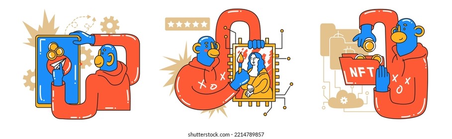 Se establece con los conceptos de inversor criptográfico de Monkey. Análisis de datos, auditoría de negocios, tendencias y mercados. Inversión, inicio, búsqueda de nuevas ideas de negocio exitosas. Estilo de dibujo en ilustración vectorial.