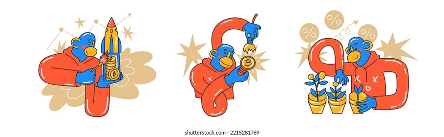 Set with Monkey crypto investor concepts. Data analysis, audit of business, trends and markets. Investment, startup, search for new successful business ideas. Cartoon style in vector illustration.