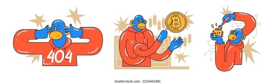 Set with Monkey crypto investor concepts. Data analysis, audit of business, trends and markets. Investment, startup, search for new successful business ideas. Cartoon style in vector illustration.