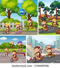 Set of monkey in different background illustration
