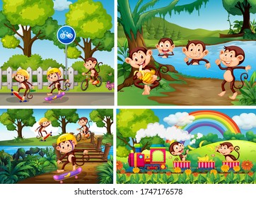 Set of monkey in different background illustration